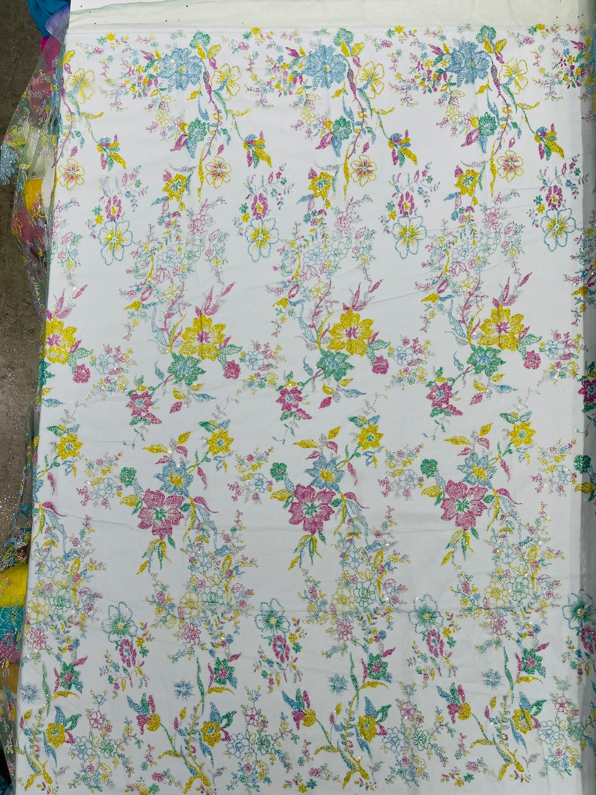 Multi Color Roses Glitter Design On A Mesh Lace Fabric - Multi Color Roses Glitter Design, Polyester Fabric, 52-54" Width, 36" Length (1 Yard)