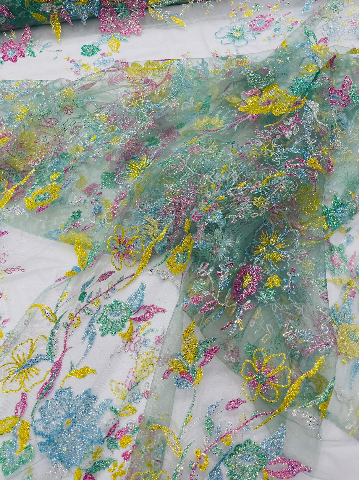 Multi Color Roses Glitter Design On A Mesh Lace Fabric - Multi Color Roses Glitter Design, Polyester Fabric, 52-54" Width, 36" Length (1 Yard)