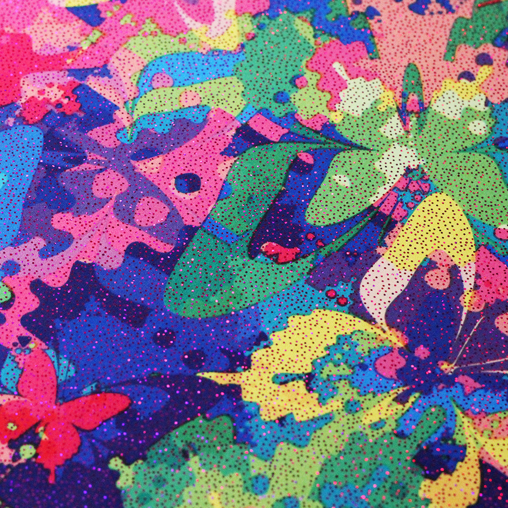 In Living Colors Poly Spandex Fabric - Colorful Butterfly Print, Multi Or Fuchsia Foil, 58/60" Width (1 Yard)