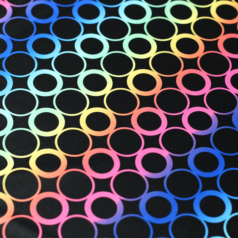 Dot Dot Polyester Spandex Fabric - Rainbow Circle Print On Black, 58/60" Width (1 Yard)