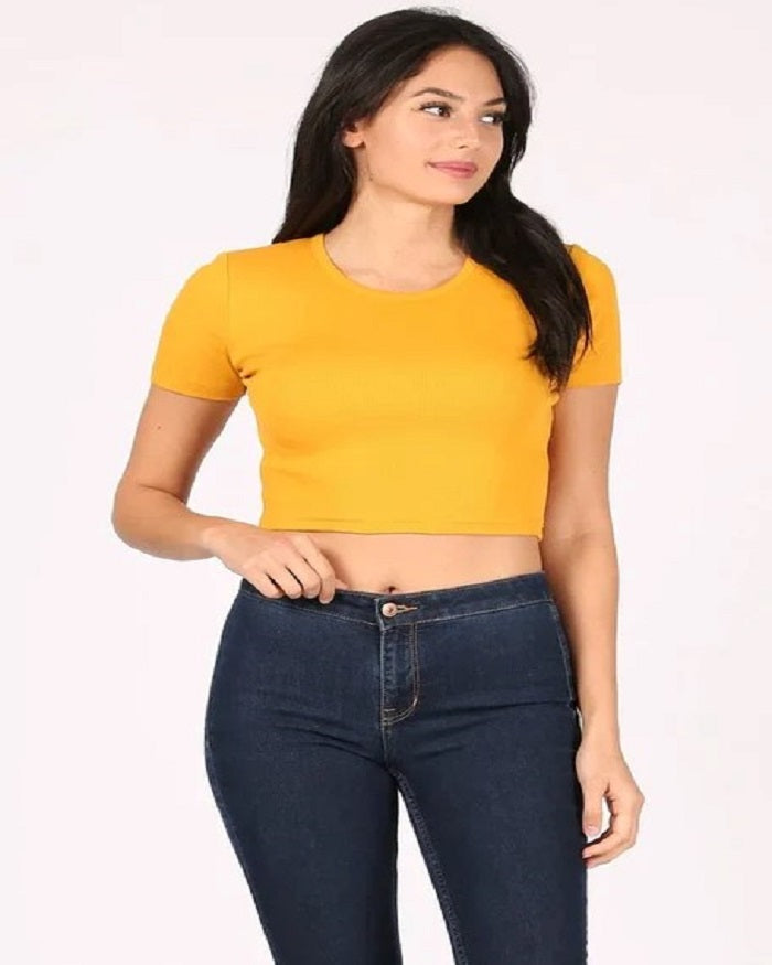 Lucky Fitted Crop Top Cotton Spandex Fabric - Mustard, Short Sleeve Stretch, Crop Top (1 Piece)