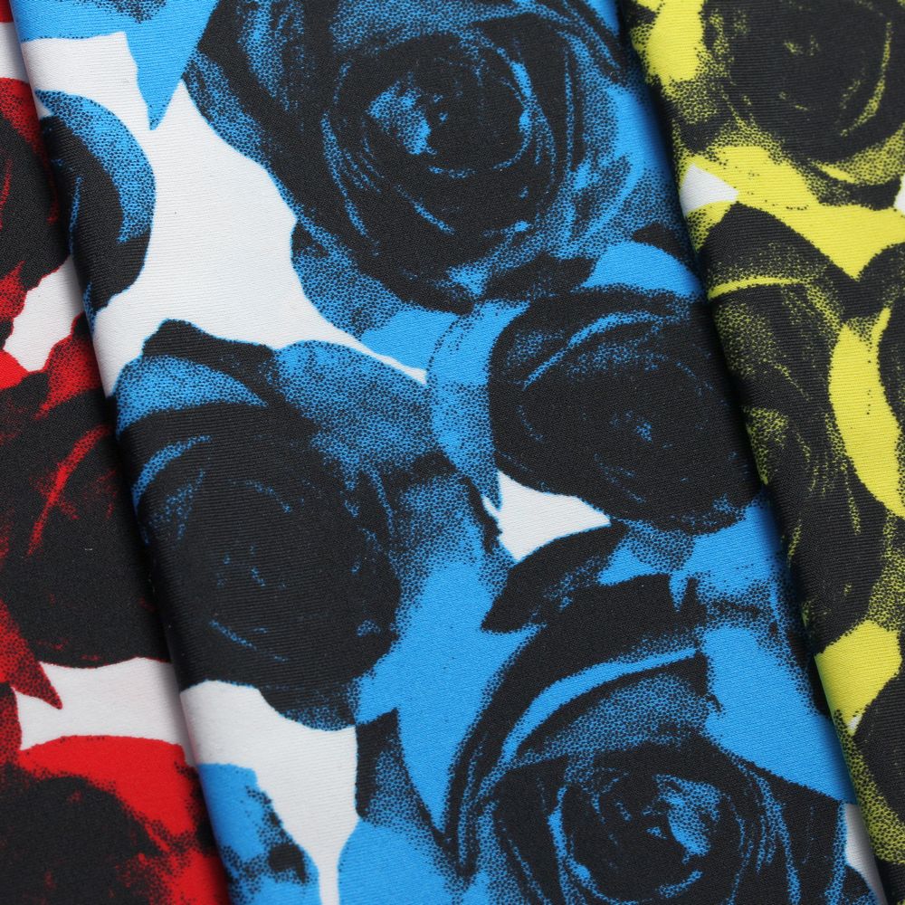 My Valentine Nylon Spandex Fabric - Blue/Black, Red/Black, Yellow/Black Roses Floral Print, 58/60" Width (1 Yard)