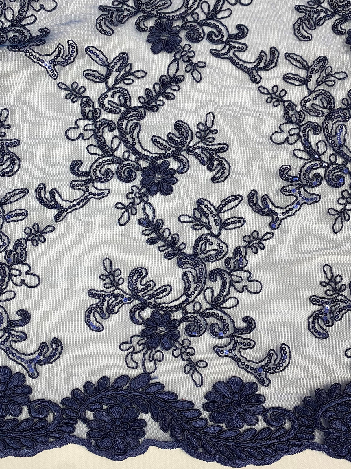 Elena's Lace Navy Blue Polyester Lace Fabric - Navy Blue Corded Mesh Embroidered With Sequins, Double Scalloped Edge, 54" Width (1 Yard)