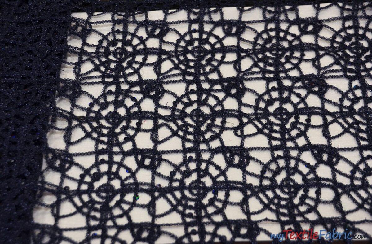 Open Weave Chain Chemical Lace Polyester Fabric - Sheer Metallic Open Work, Sequins Embellished, 50" Width, 10 Colors (1 Yard)