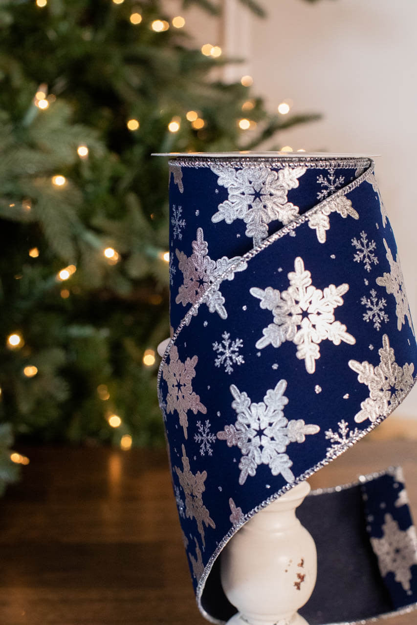 4 Inch x 10 Yard Snowflake on Blue Velvet Wired Christmas Ribbon Luxury Navy Holiday Bow Wreath Tree Decoration Accent