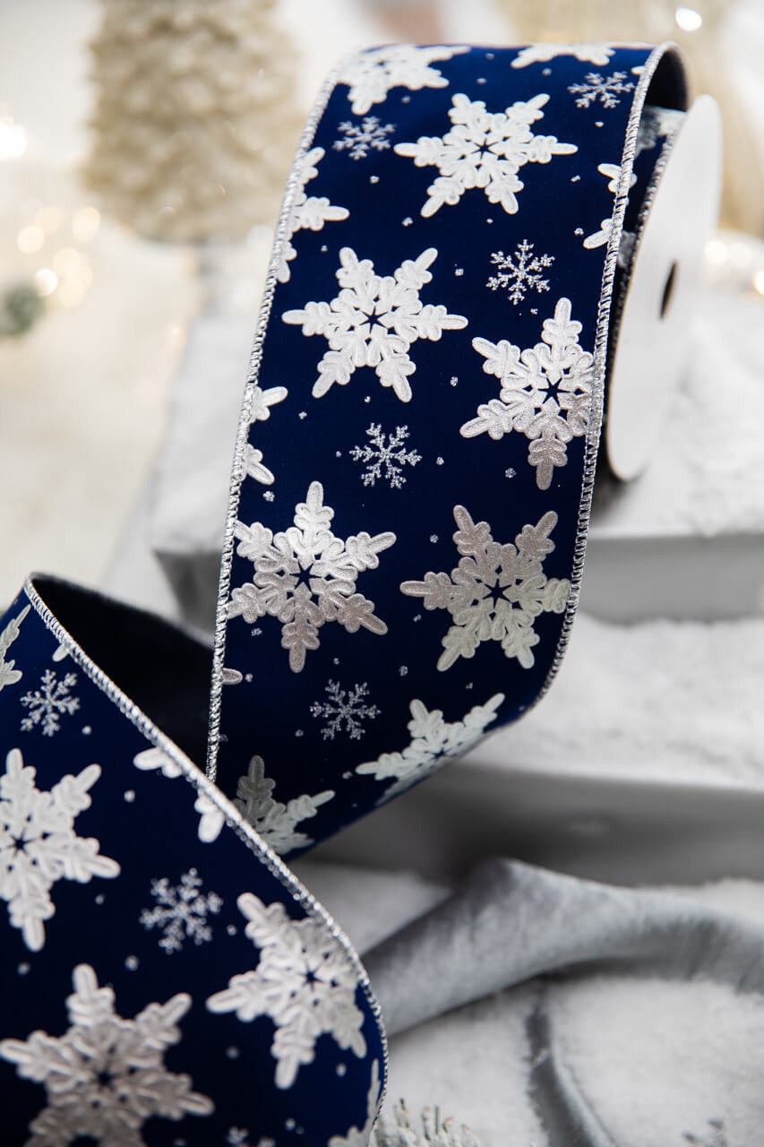 4 Inch x 10 Yard Snowflake on Blue Velvet Wired Christmas Ribbon Luxury Navy Holiday Bow Wreath Tree Decoration Accent