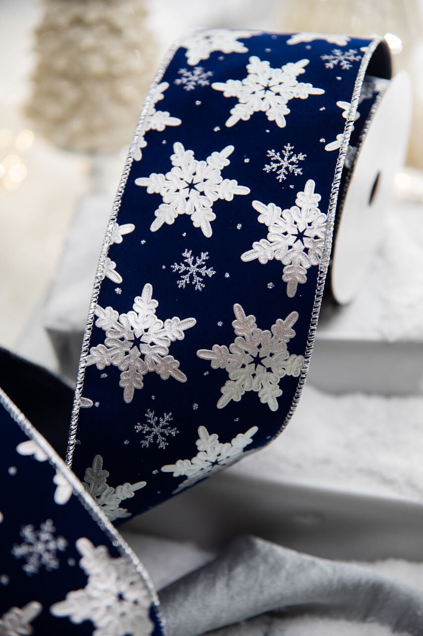 4 Inch x 10 Yard Snowflake on Blue Velvet Wired Christmas Ribbon Luxury Navy Holiday Bow Wreath Tree Decoration Accent