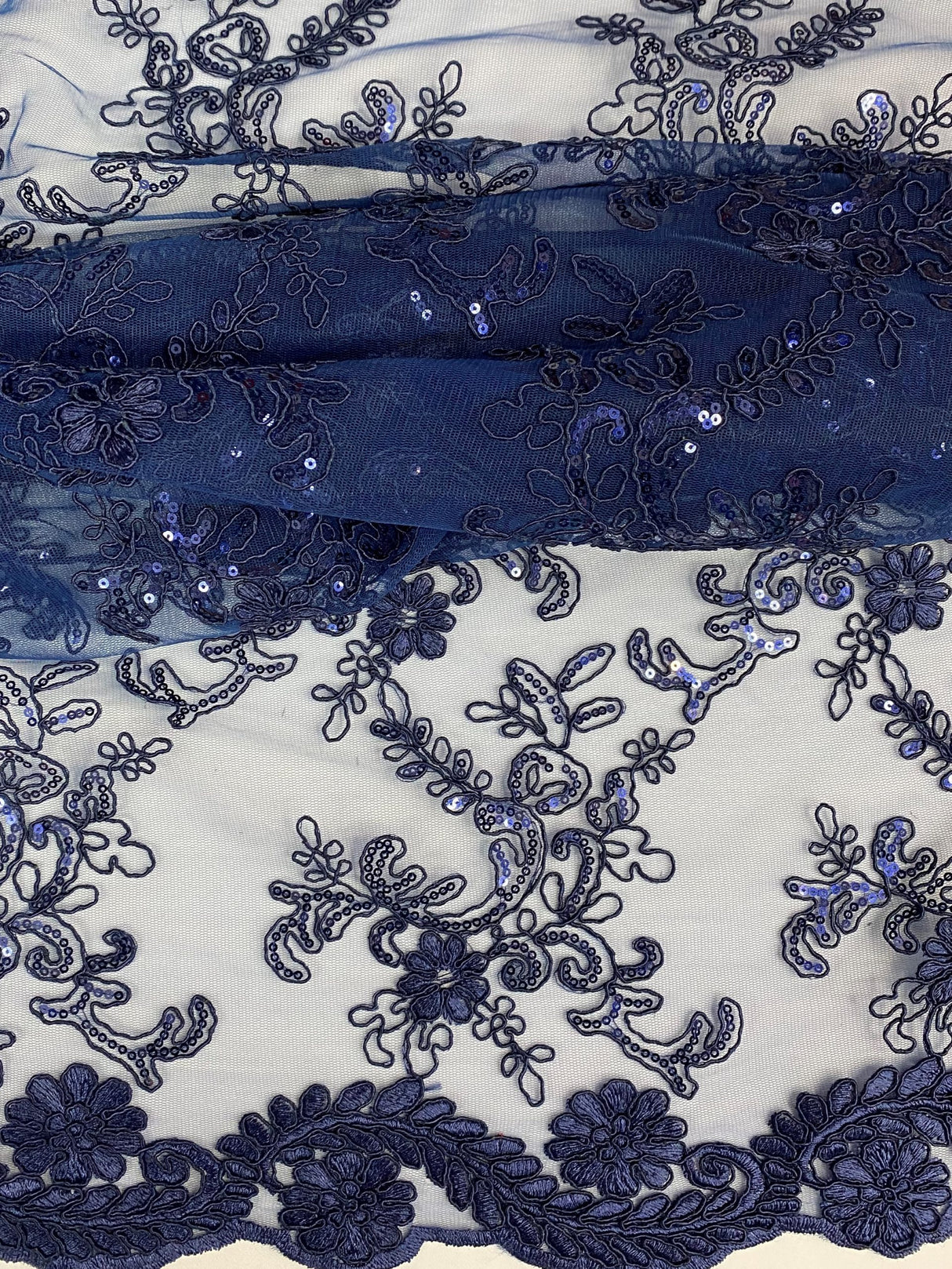 Elena's Lace Navy Blue Polyester Lace Fabric - Navy Blue Corded Mesh Embroidered With Sequins, Double Scalloped Edge, 54" Width (1 Yard)