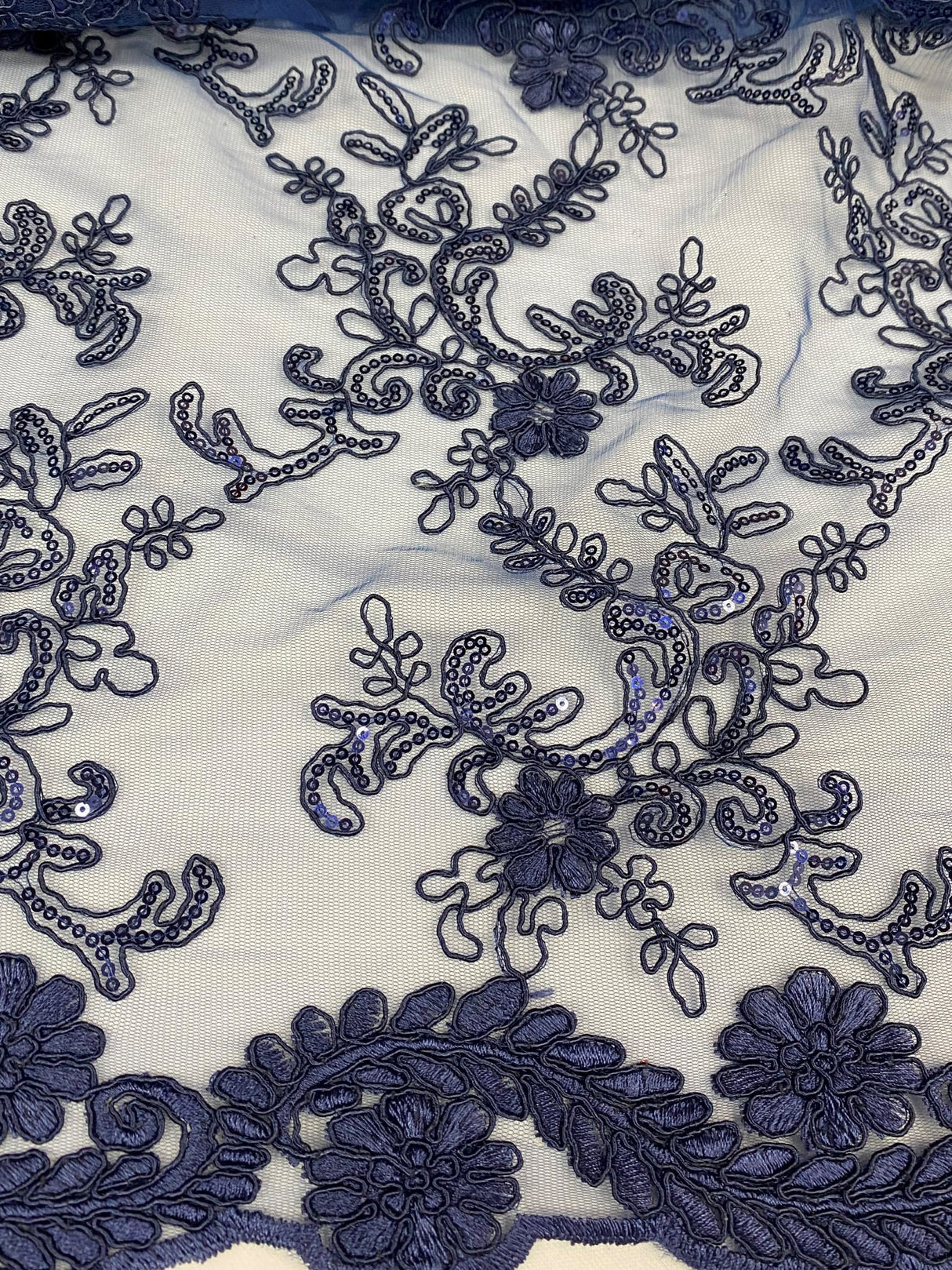 Elena's Lace Navy Blue Polyester Lace Fabric - Navy Blue Corded Mesh Embroidered With Sequins, Double Scalloped Edge, 54" Width (1 Yard)