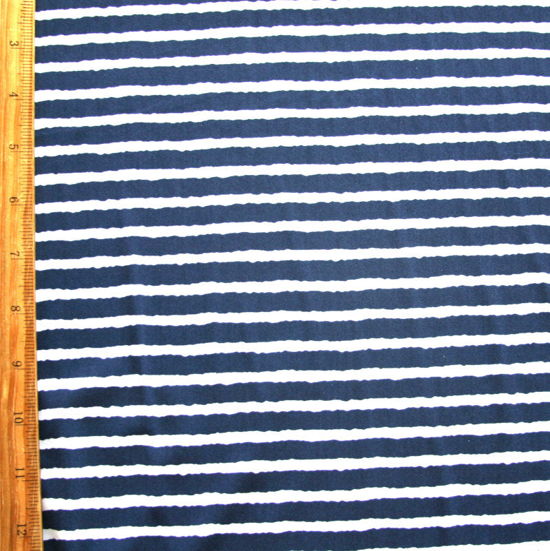 Nylon Lycra Swim Knit Navy and White Shaky Stripes