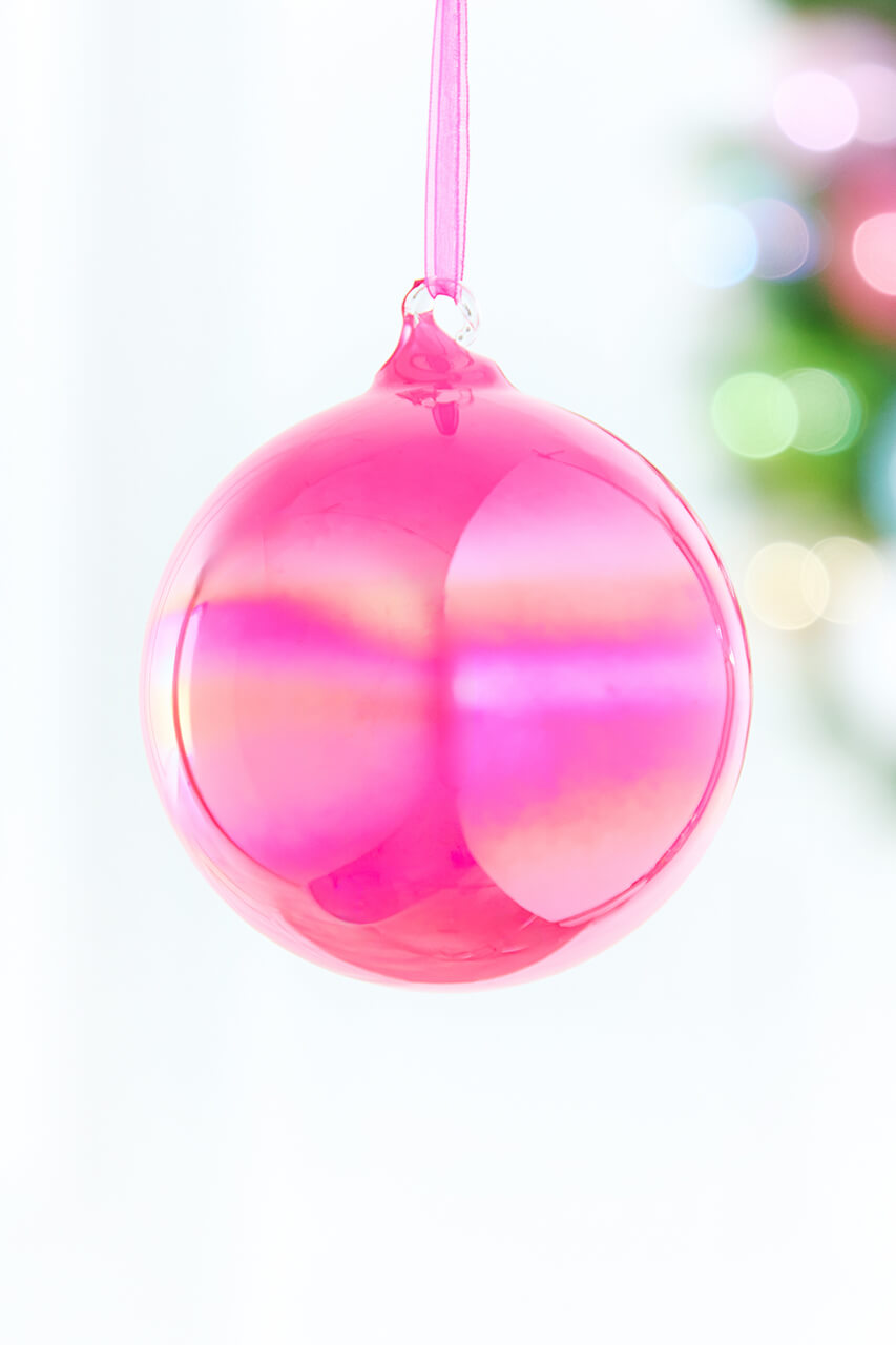 4" Iridescent Neon Pink Glass Ball Ornament
