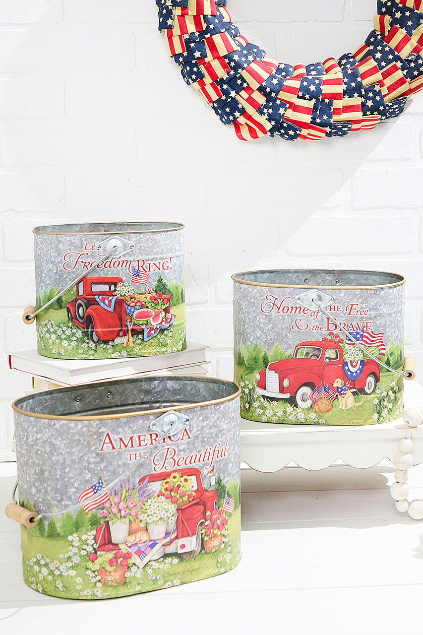9.8" Nesting Metal Americana Truck Design Buckets - Set Of 3