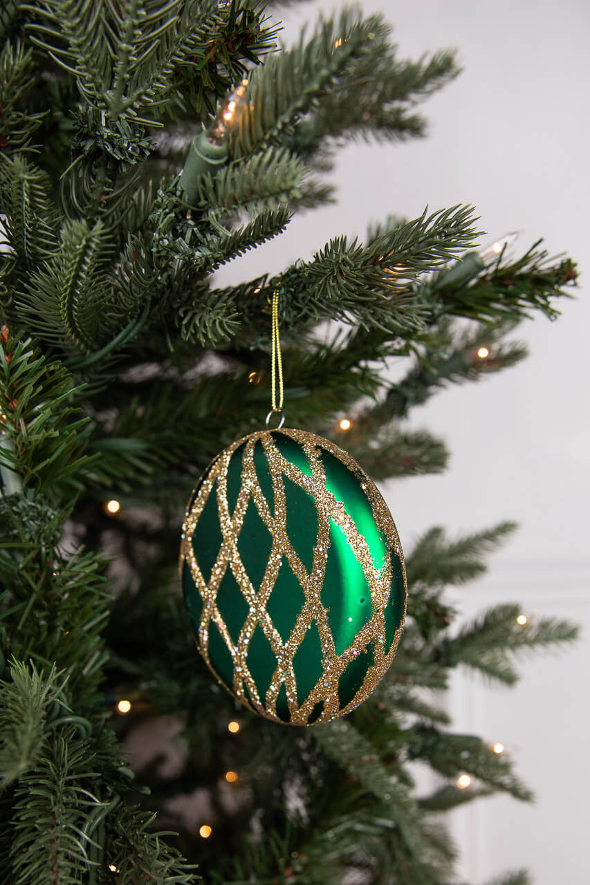 Green Gold Flat Round Christmas Ornament Matte Glitter 10cm
