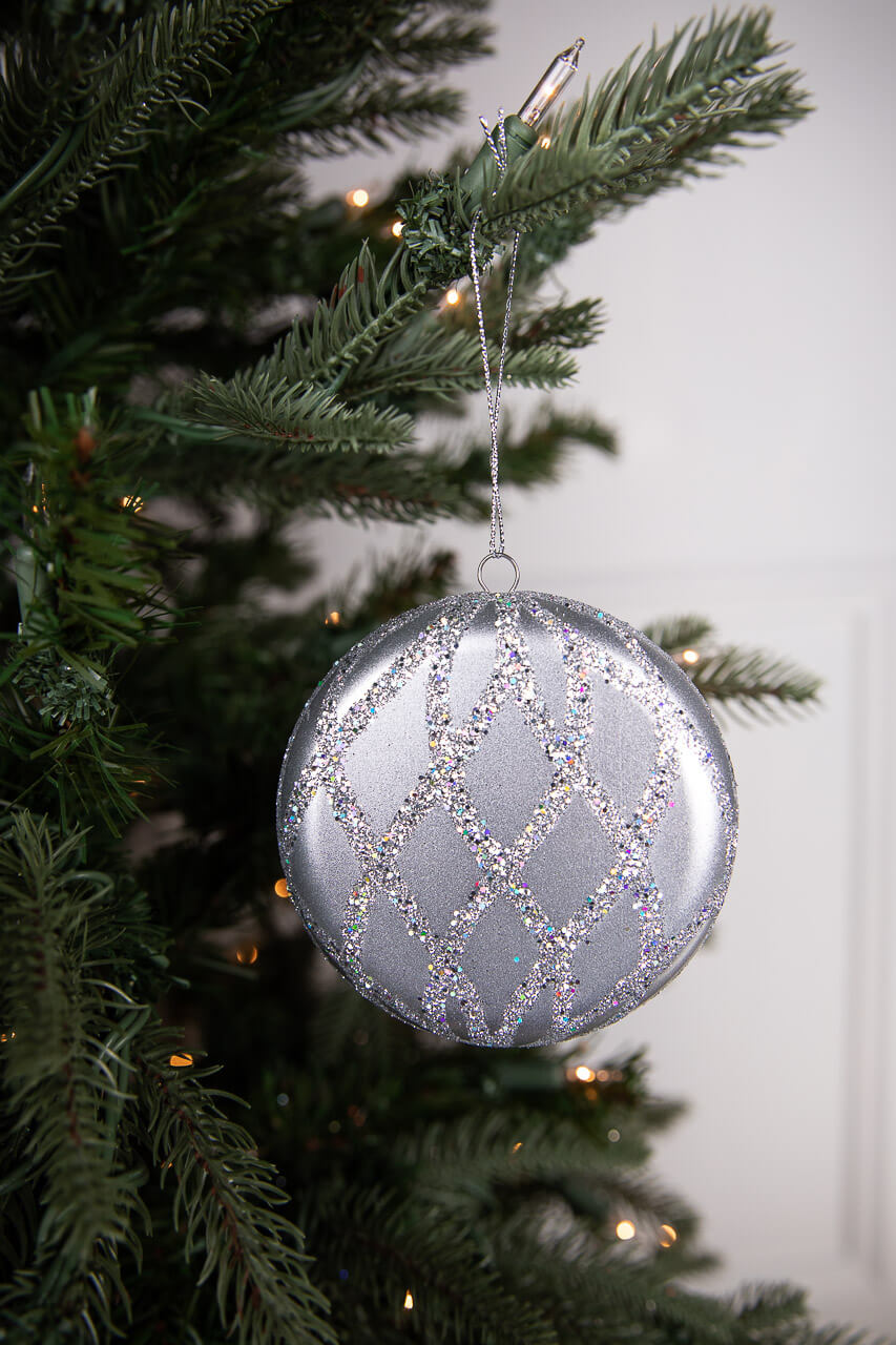 10cm Matte Glitter Flat Round Ornament - Silver