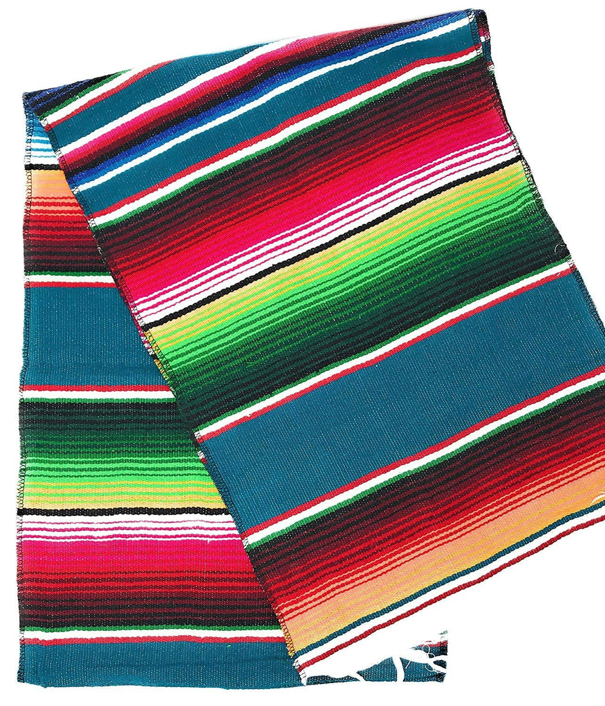 Mexican Serape Cotton Fabric - Bright Multicolor Woven Fringe, 14" X 84" (1 Table Runner)