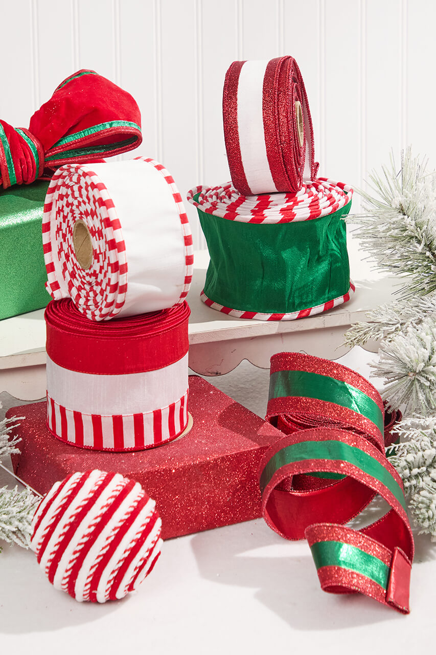 2.5" x 10 Yard White Dupioni with Red & White Piping Ribbon