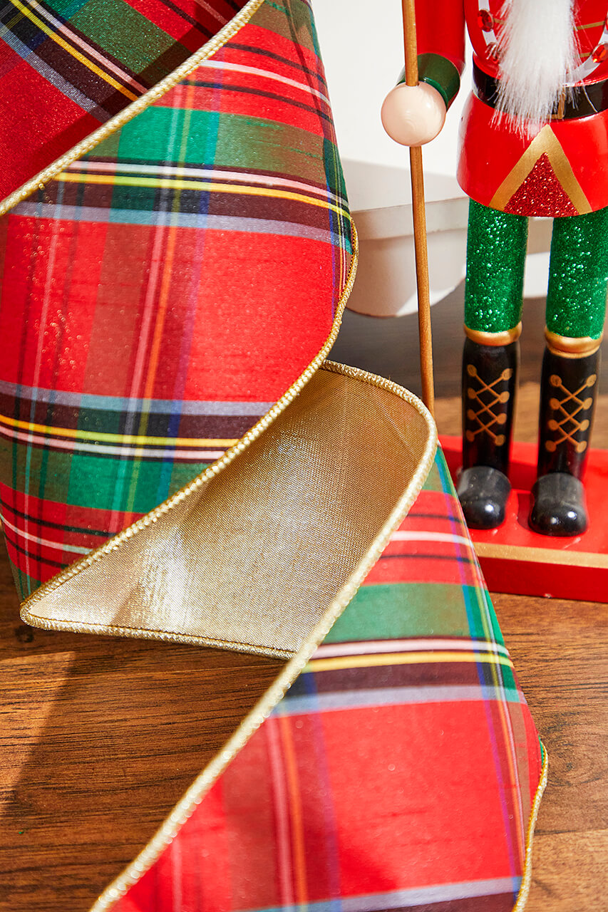 4" x 10 Yard Nutcracker Plaid Dupioni Double Backed Wired Ribbon - Red