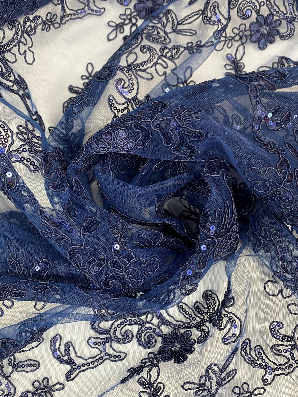 Elena's Lace Navy Blue Polyester Lace Fabric - Navy Blue Corded Mesh Embroidered With Sequins, Double Scalloped Edge, 54" Width (1 Yard)