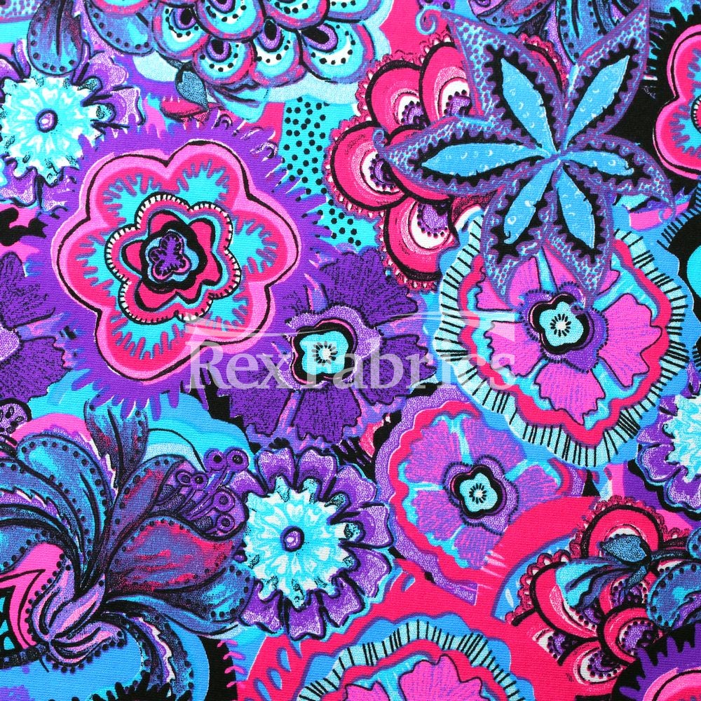 Entranced Nylon Spandex Fabric - Pink/Purple or Blue/Red, Paisley Floral Print, 58/60" Width (1 Yard)