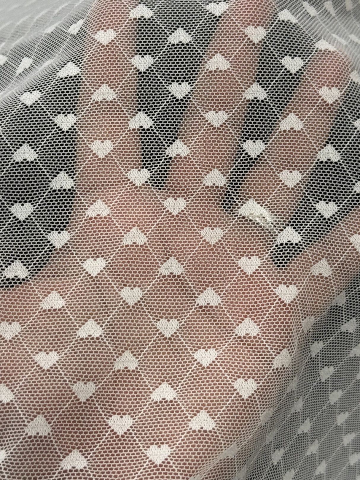 All Over Hearts Nylon Spandex Power Mesh Fabric - Off White, Apple Red, Sand, Hearts Print, 59" Width