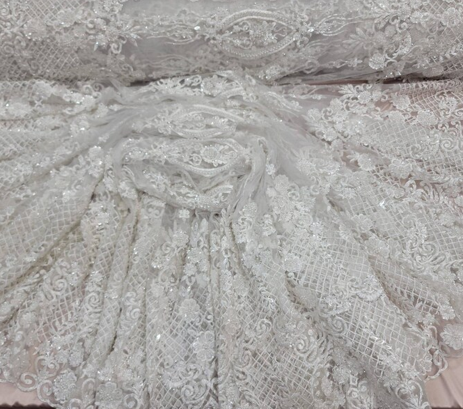 Bridal Lace 3D Chiffon Floral Embroidery Off White