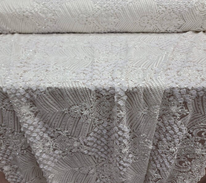 Bridal Lace 3D Chiffon Floral Embroidery Off White