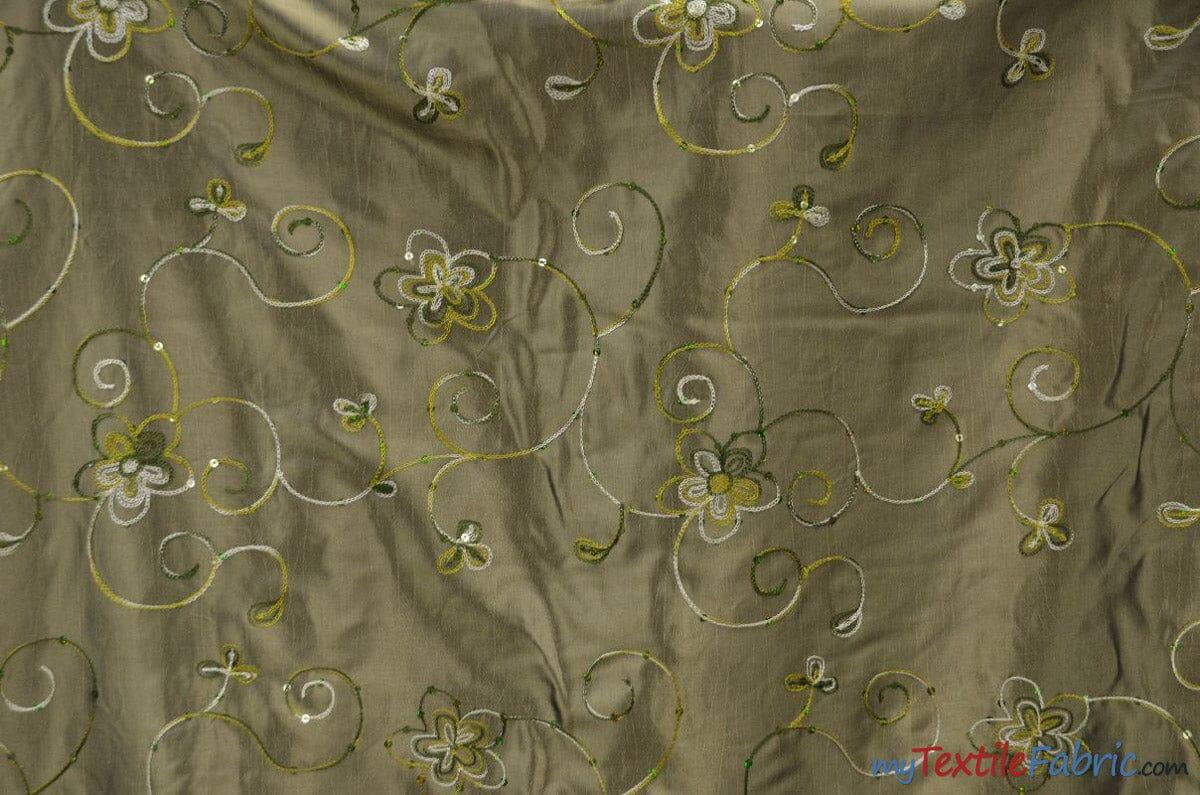 Aurora Taffeta Embroidered Floral Taffeta Fabric - Multi Color Floral Embroidery With Sequins, 54" Width (1 Yard)