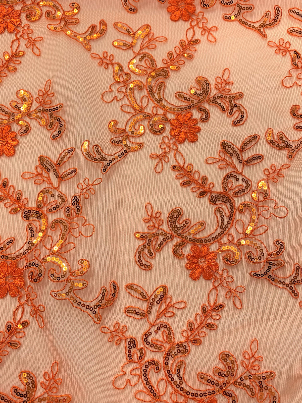 Elena's Lace Polyester Lace Fabric - Bright Orange Corded Mesh Embroidered With Sequins, Double Scalloped Edge, 54" Width (1 Yard)