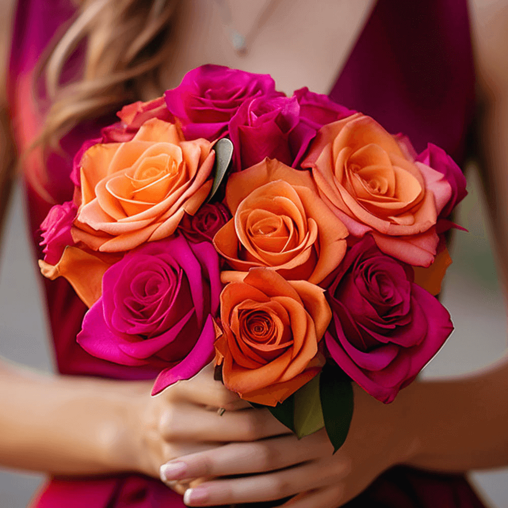 Dark Pink Orange Roses Bridesmaids Bouquets 3 Sets Fresh Romantic Flowers 28 Stems Each