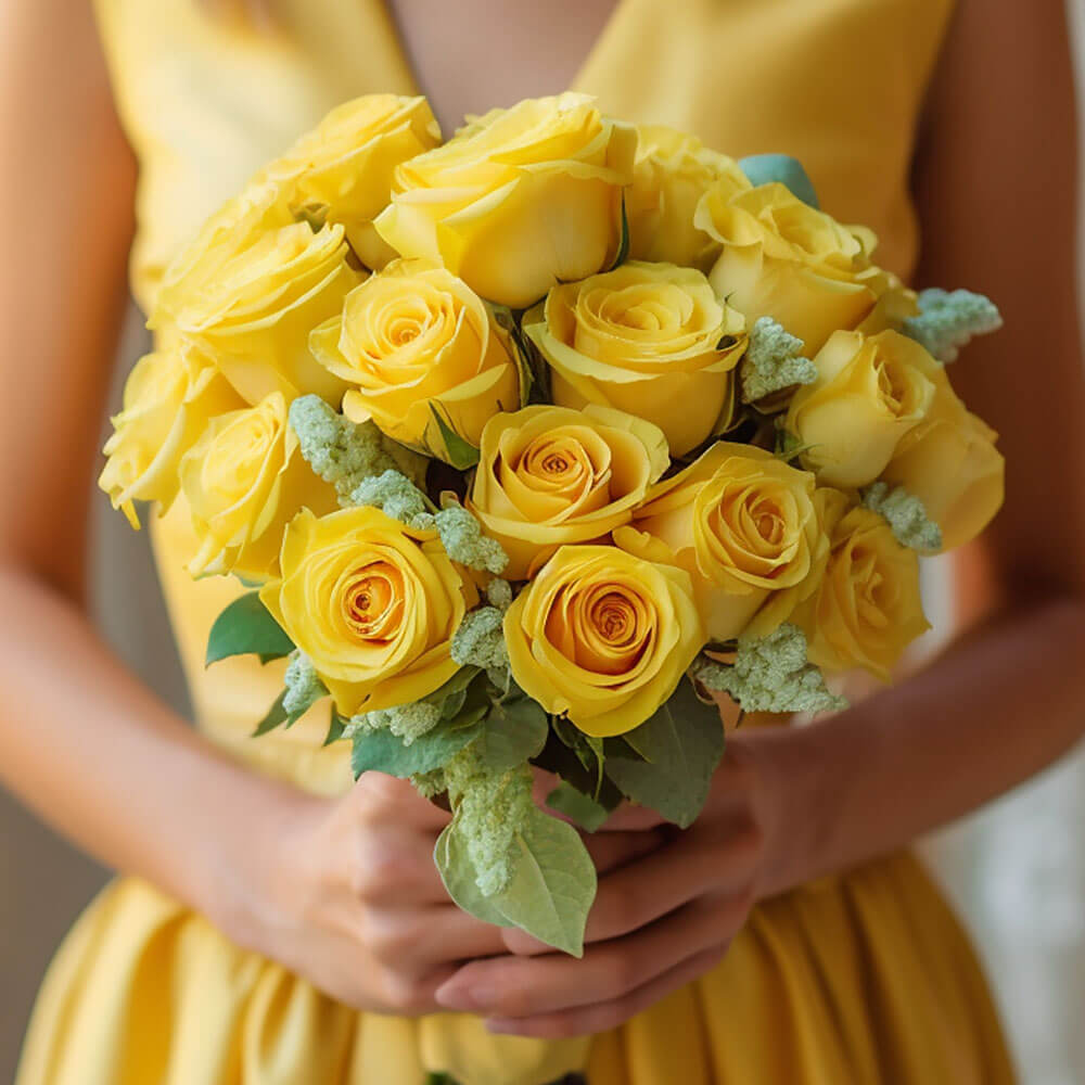 Yellow Roses Bridesmaids Bouquets Romantic Wedding Flowers 3 Sets 28 Stems Elegant Floral Set