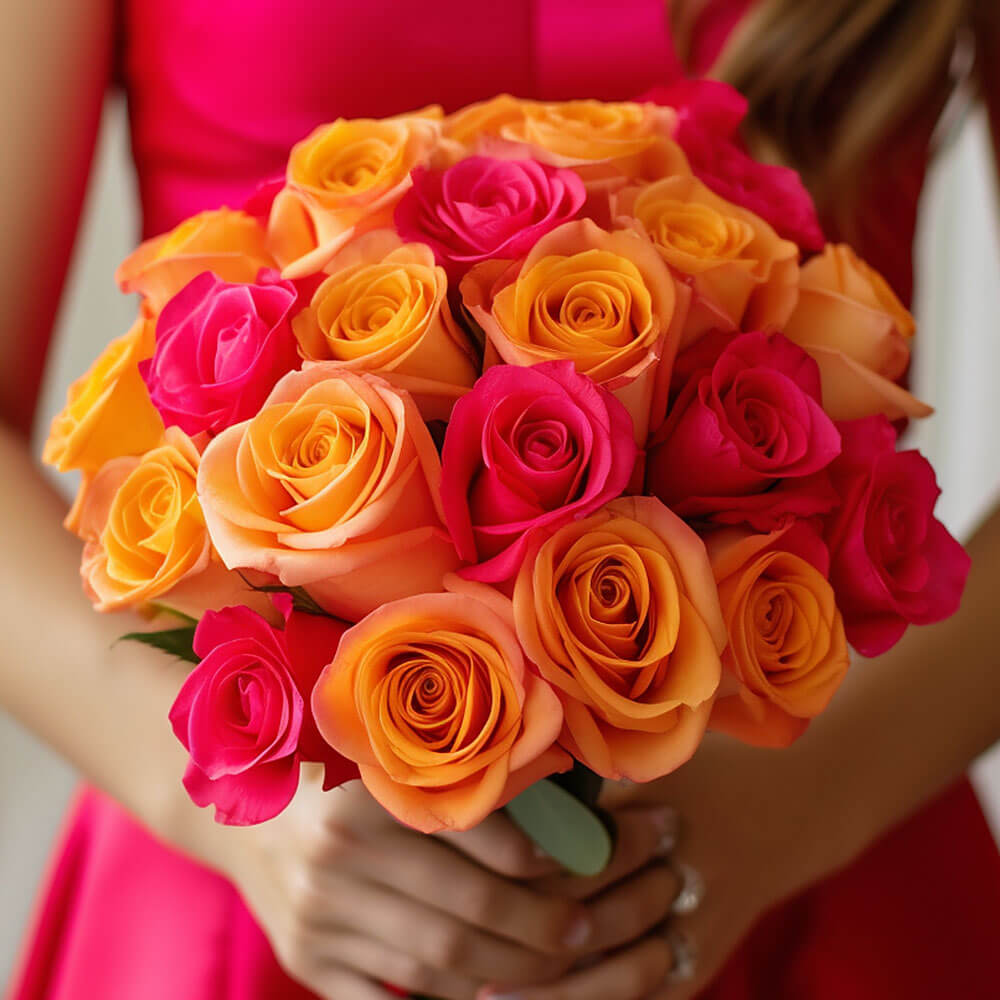 Pink Orange Rose Bridesmaids Bouquets 3 Pack Fresh Wedding Flowers 32 Stems Royal Romantic Style