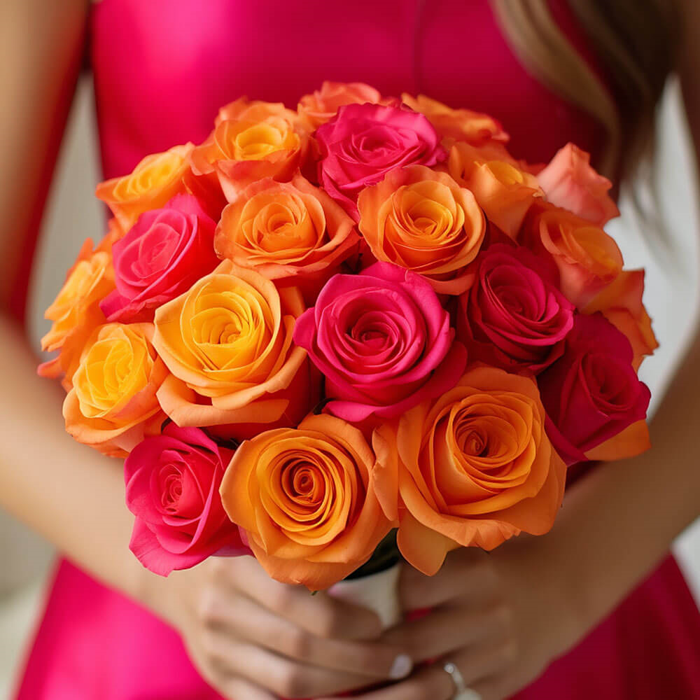 Pink Orange Rose Bridesmaids Bouquets 3 Pack Fresh Wedding Flowers 32 Stems Royal Romantic Style