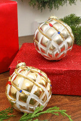 Glass Ball Ornament 4 Inch Platinum Gold Bejeweled Christmas Decor