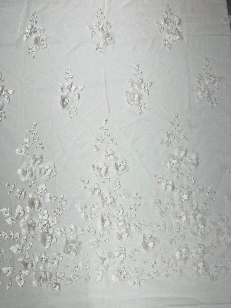 Orquidia 3D Floral Design Lace Polyester Fabric - Beaded Mesh Lace, Double Scallop, 54" Width (1 Yard)