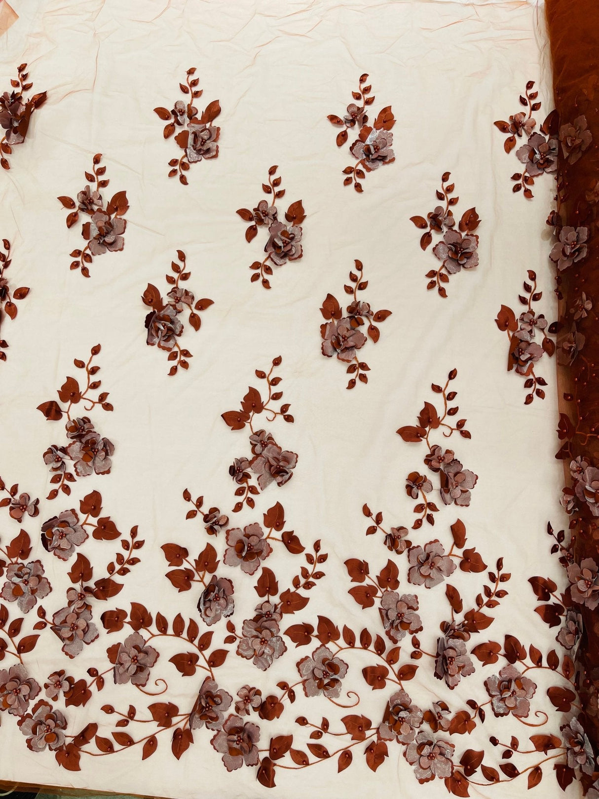 Orquidia 3D Floral Design Lace Polyester Fabric - Beaded Mesh Lace, Double Scallop, 54" Width (1 Yard)