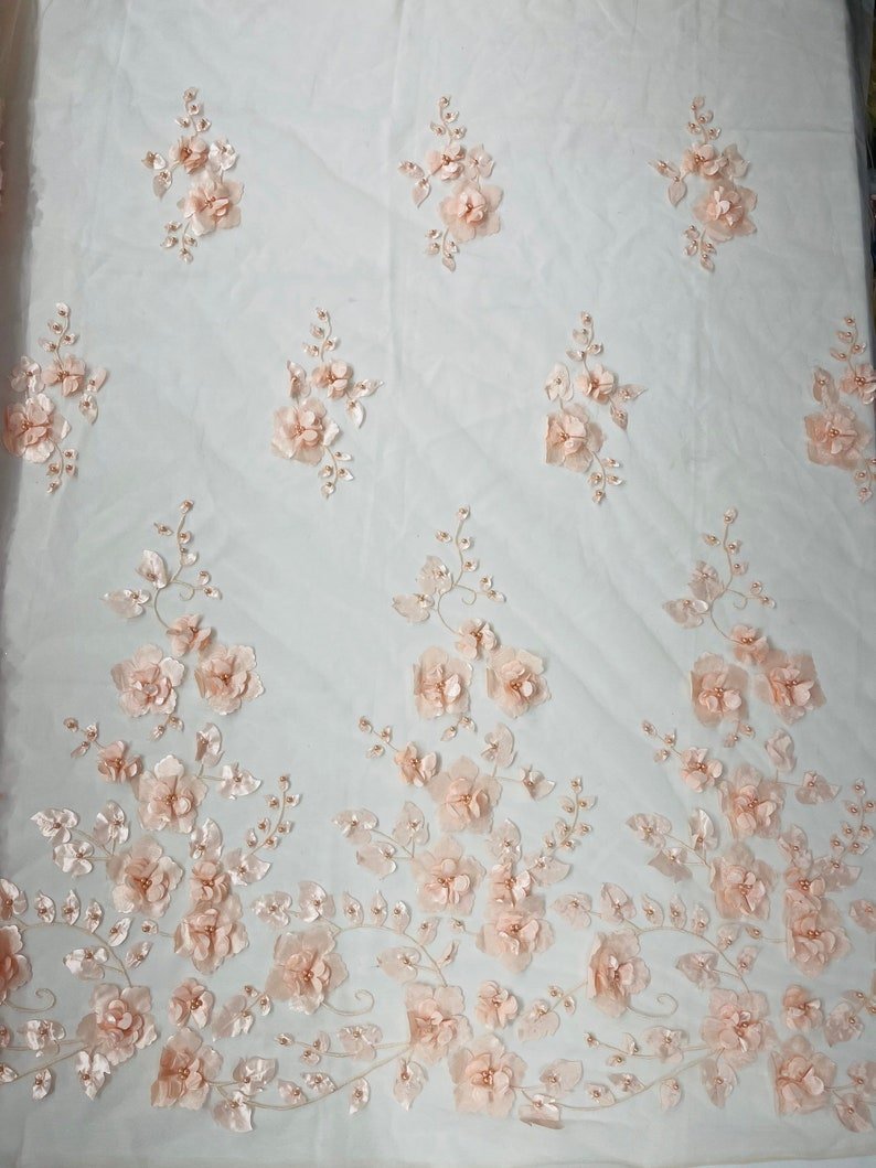 Orquidia 3D Floral Design Lace Polyester Fabric - Beaded Mesh Lace, Double Scallop, 54" Width (1 Yard)