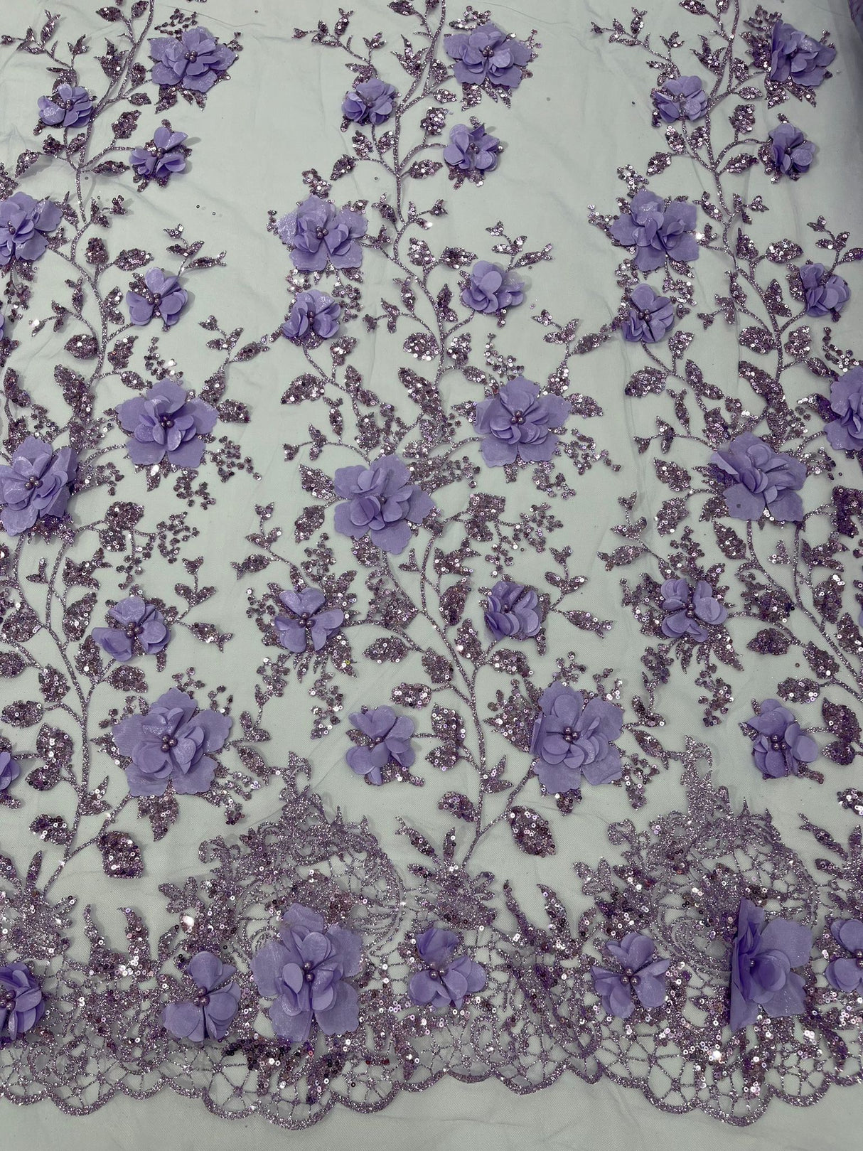 Orquidia 3D Satin Flower Glitter Lace Fabric - Fuchsia, Gold, Light Blue, Lilac, Rose Gold, Silver, 54" Width (1 Yard)