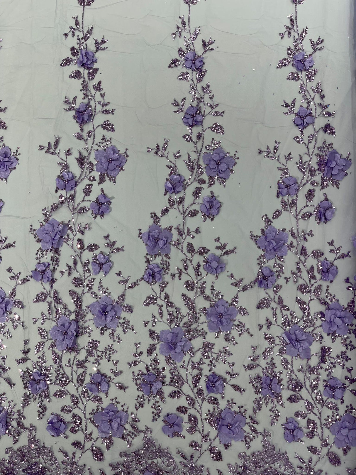 Orquidia 3D Satin Flower Glitter Lace Fabric - Fuchsia, Gold, Light Blue, Lilac, Rose Gold, Silver, 54" Width (1 Yard)