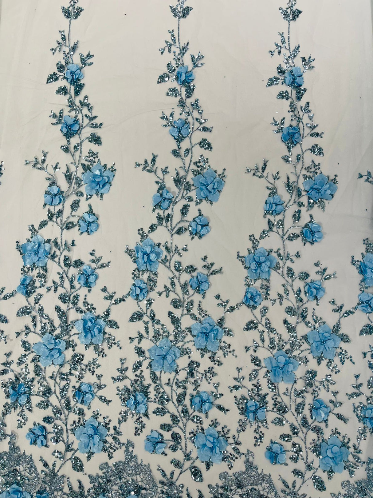 Orquidia 3D Satin Flower Glitter Lace Fabric - Fuchsia, Gold, Light Blue, Lilac, Rose Gold, Silver, 54" Width (1 Yard)