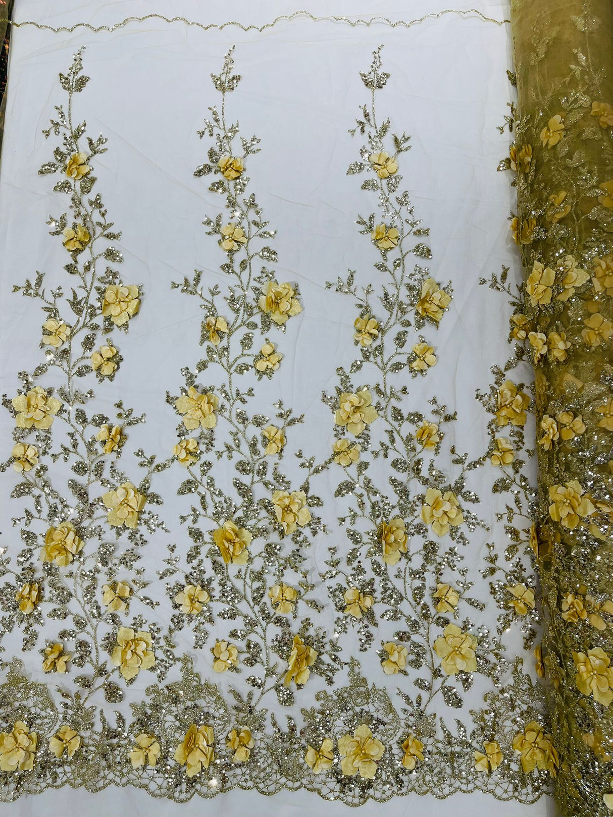 Orquidia 3D Satin Flower Glitter Lace Fabric - Fuchsia, Gold, Light Blue, Lilac, Rose Gold, Silver, 54" Width (1 Yard)