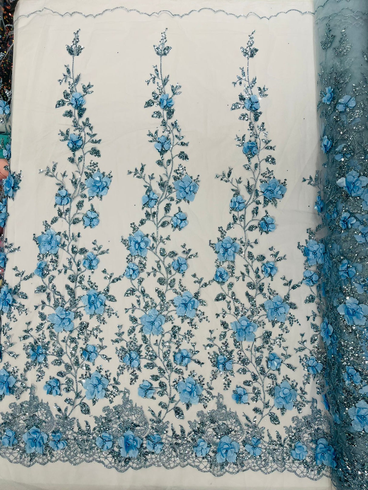 Orquidia 3D Satin Flower Glitter Lace Fabric - Fuchsia, Gold, Light Blue, Lilac, Rose Gold, Silver, 54" Width (1 Yard)