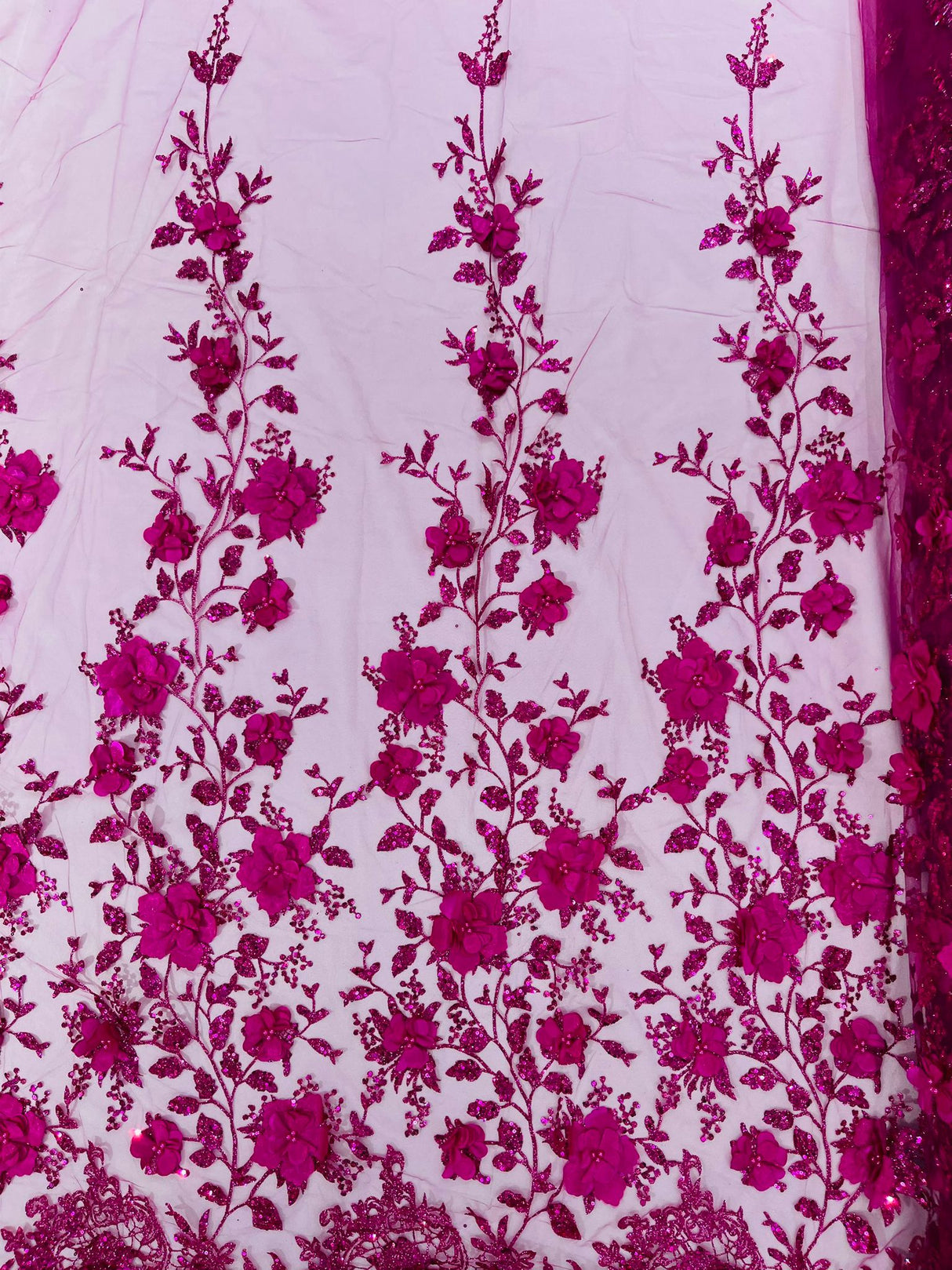 Orquidia 3D Satin Flower Glitter Lace Fabric - Fuchsia, Gold, Light Blue, Lilac, Rose Gold, Silver, 54" Width (1 Yard)