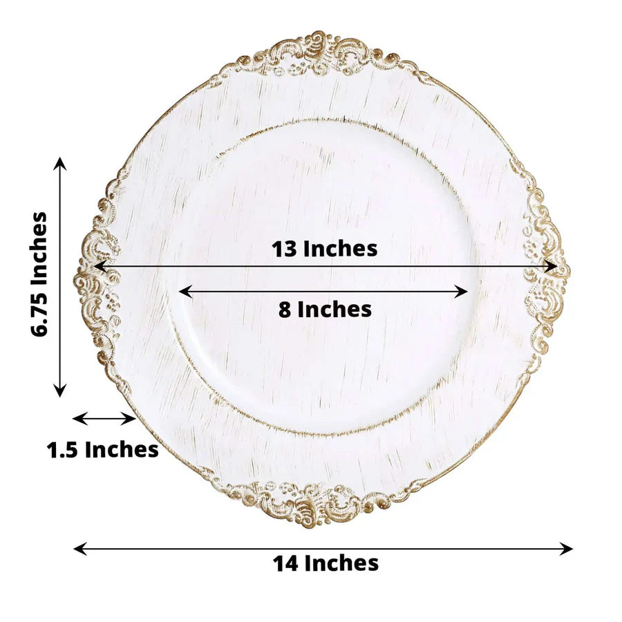 Baroque Acrylic Charger Plate 13" White Washed Gold Embossed