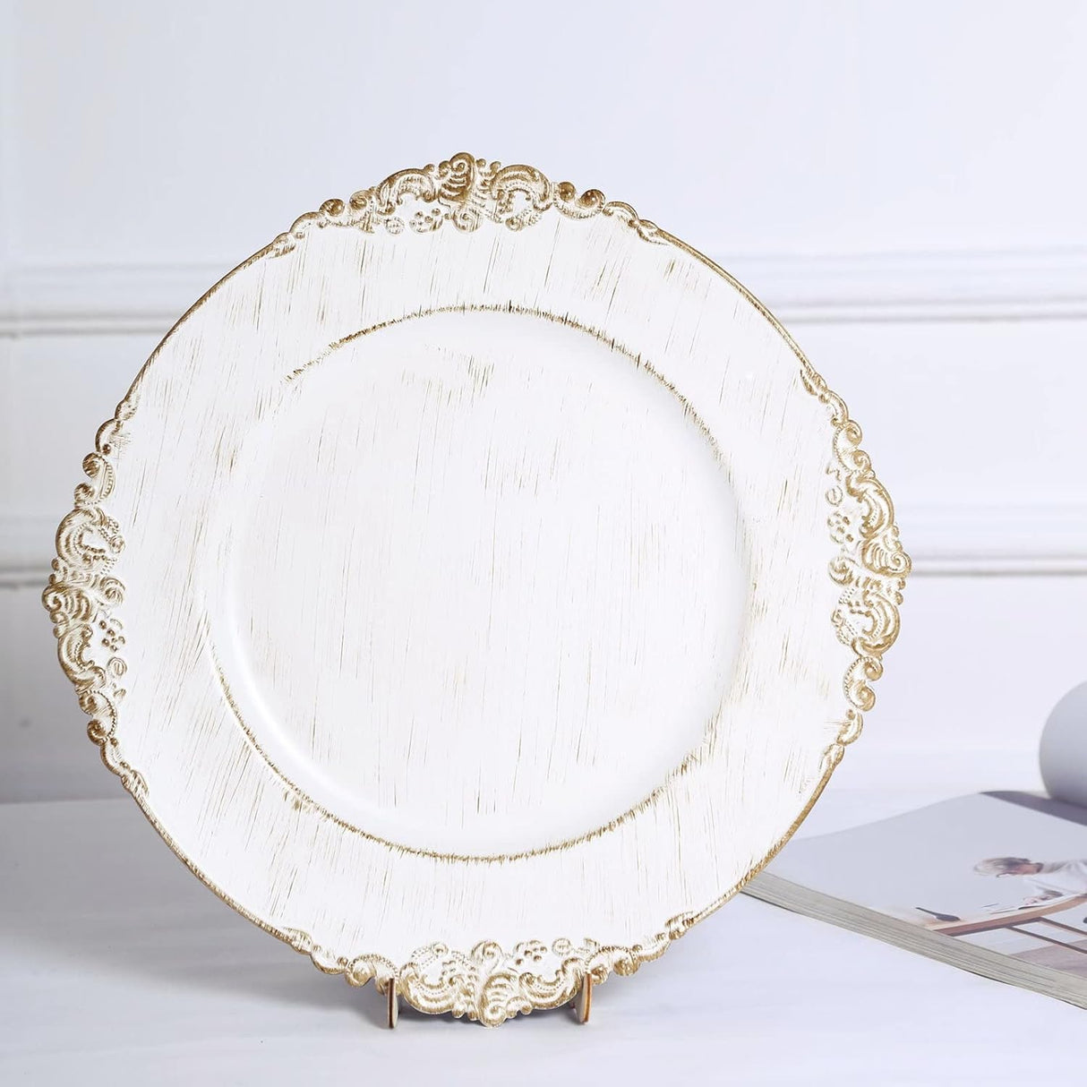 Baroque Acrylic Charger Plate 13" White Washed Gold Embossed