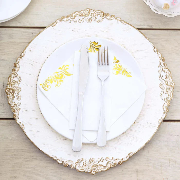 Baroque Acrylic Charger Plate 13" White Washed Gold Embossed
