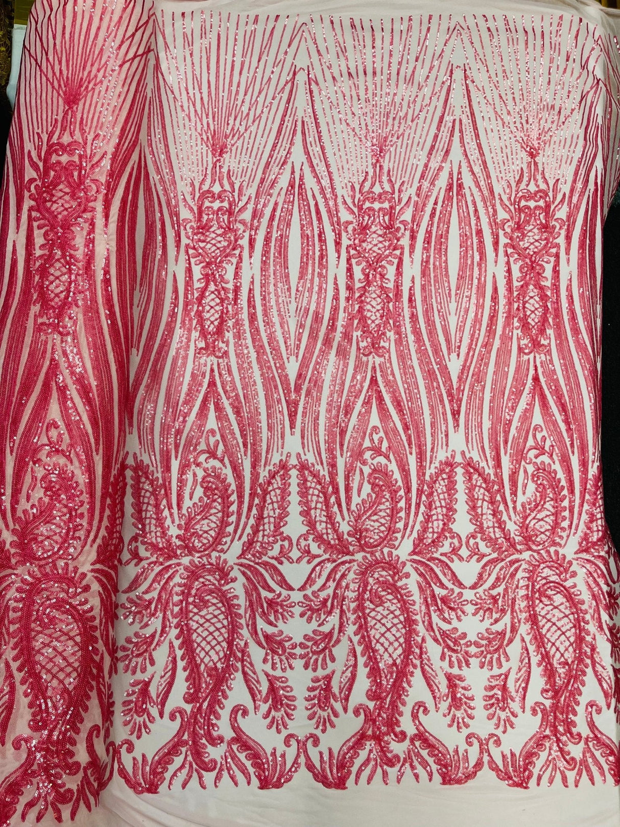 Paisley Sequin Design 4 Way Stretch Mesh Fabric - Nude Paisley Embroidered Iridescent Sequins, 48-50" Width, 36" Length (1 Yard)