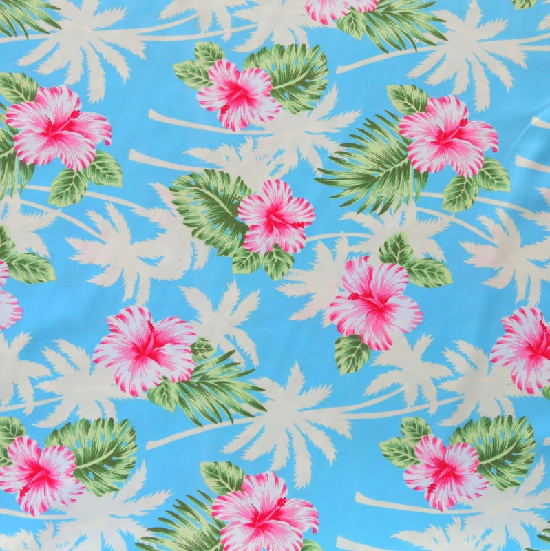 Poly Microfiber Boardshort Fabric - Palms & Hibiscus on Blue - Seconds