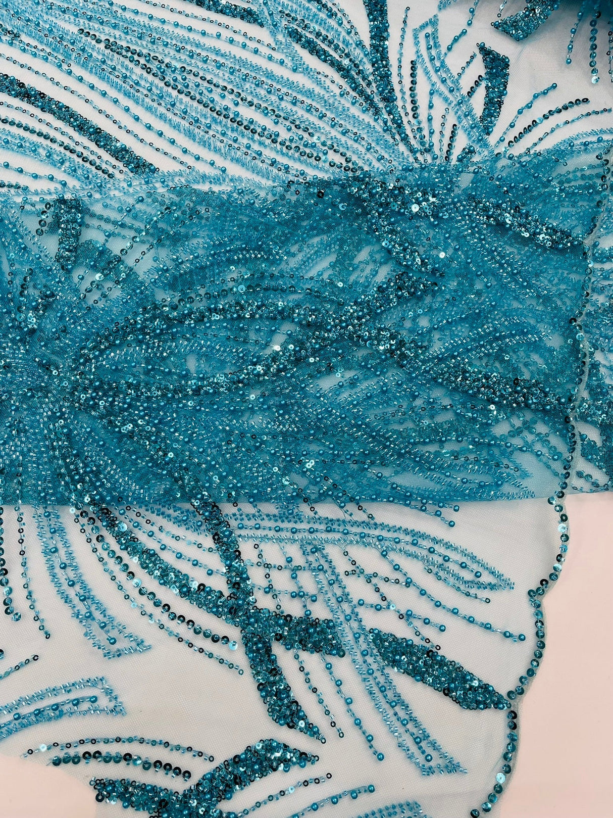Palm Beaded Damask Design Beaded Lace Fabric - Damask Pattern With Palm Motifs, Beaded Embellishment, Sold By The Yard (1 Yard)
