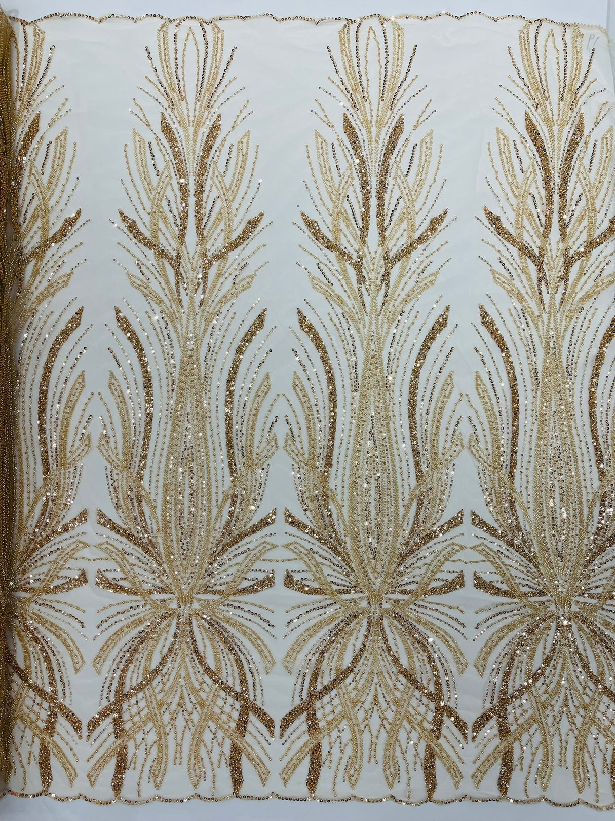 Palm Beaded Damask Design Beaded Lace Fabric - Damask Pattern With Palm Motifs, Beaded Embellishment, Sold By The Yard (1 Yard)