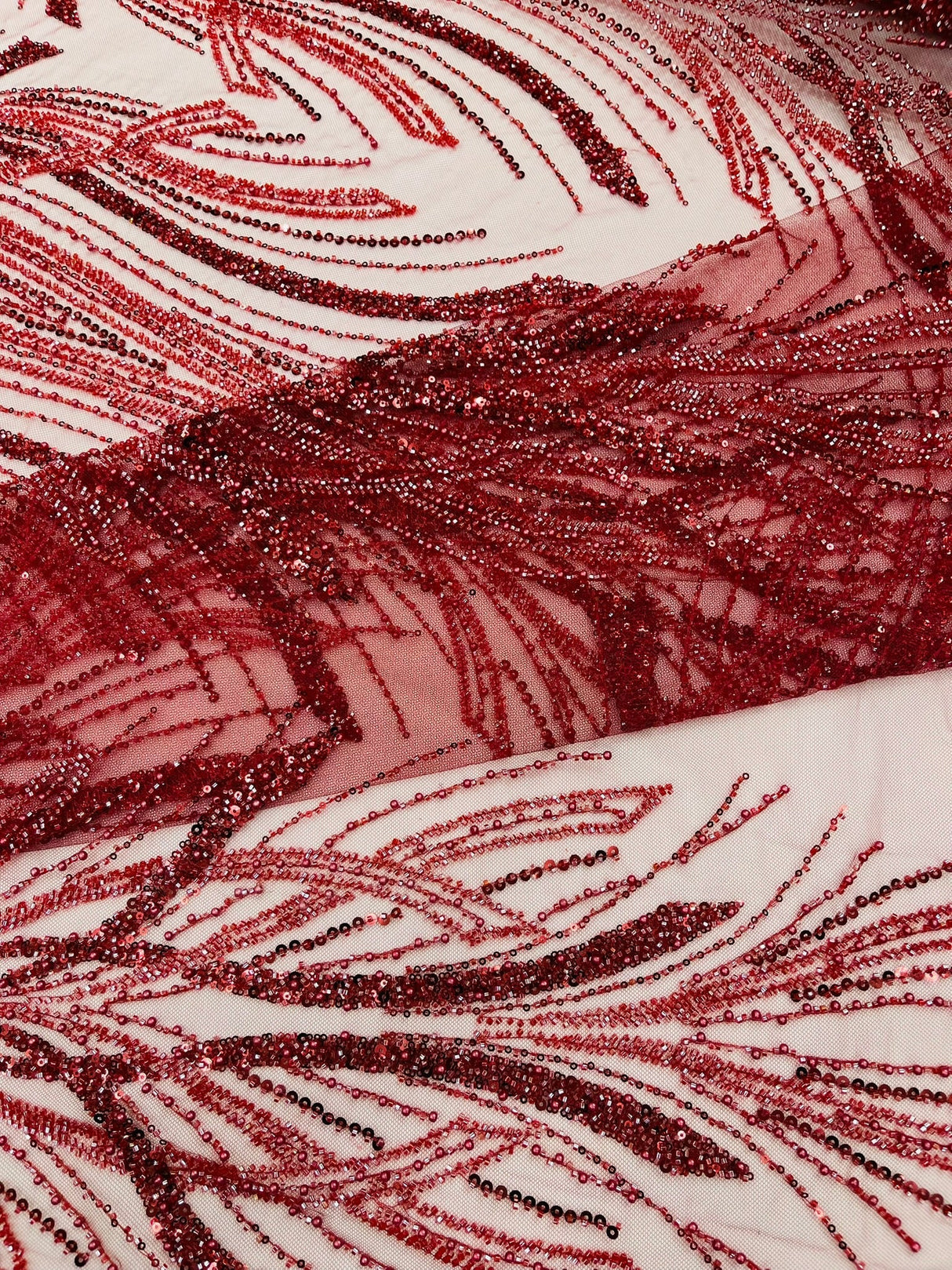 Palm Beaded Damask Design Beaded Lace Fabric - Damask Pattern With Palm Motifs, Beaded Embellishment, Sold By The Yard (1 Yard)